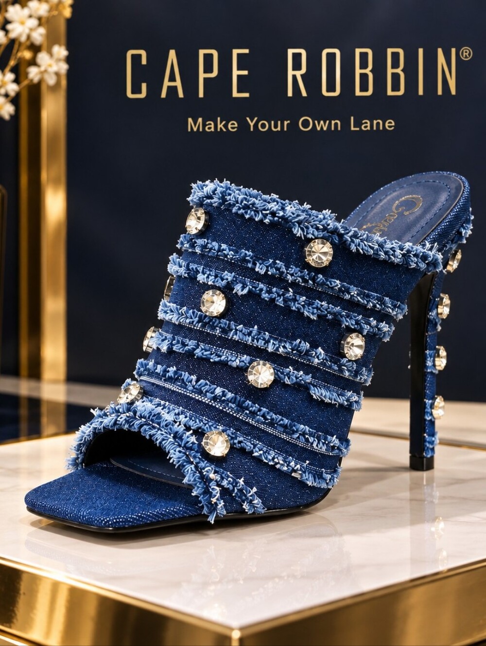 Cape Robbin Distressed Denim Rhinestone Stiletto Mule Heels – Women’s Sz 8 – NIB